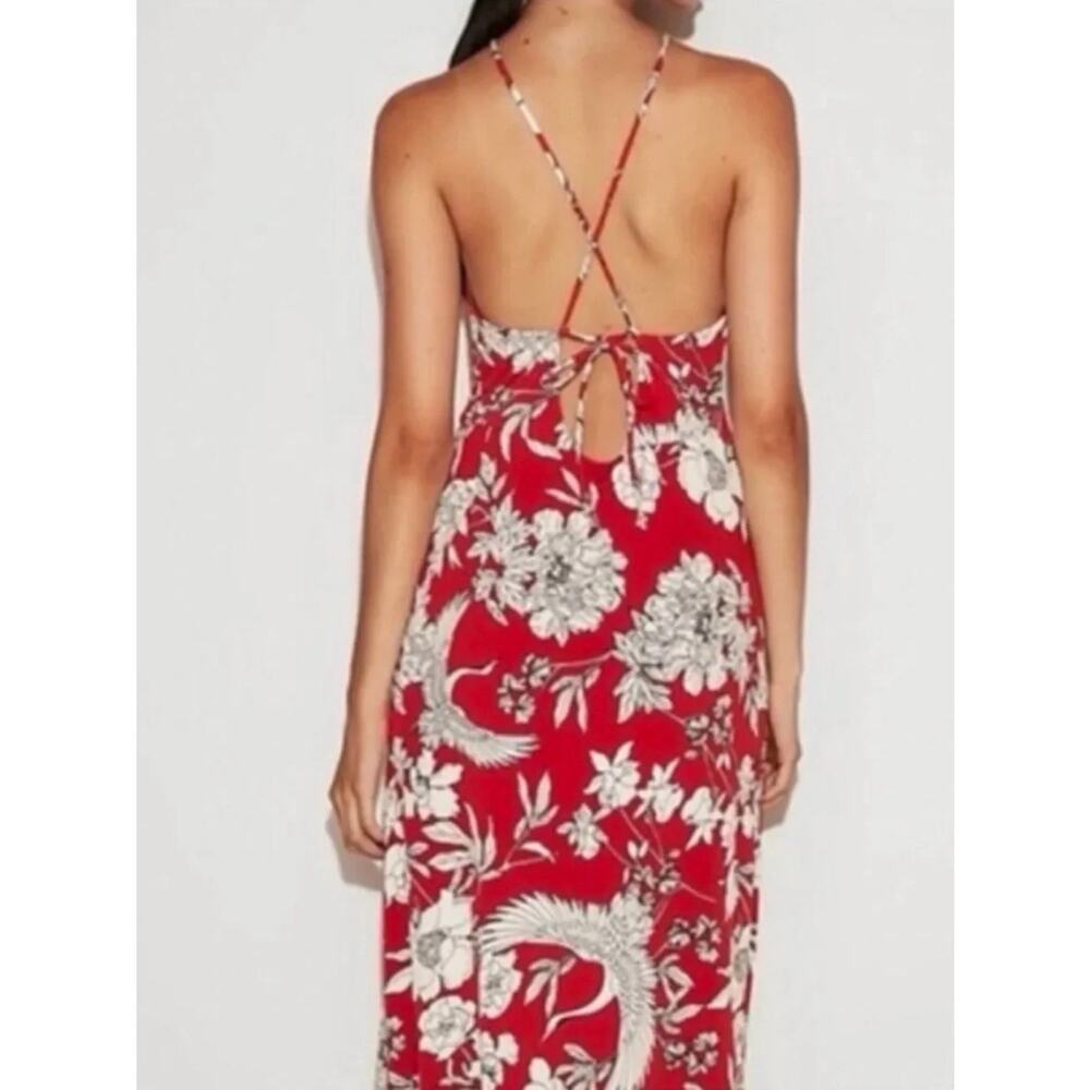 NWT Express Halter Maxi Dress XS Red White Crane Floral Side Slit Tie Back - Picture 3 of 12